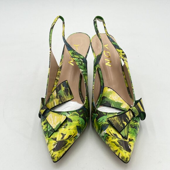 YDN Green Painting High Heel Pumps Bow Pointed Toe Slingback Slip on Sandal - Picture 3 of 8